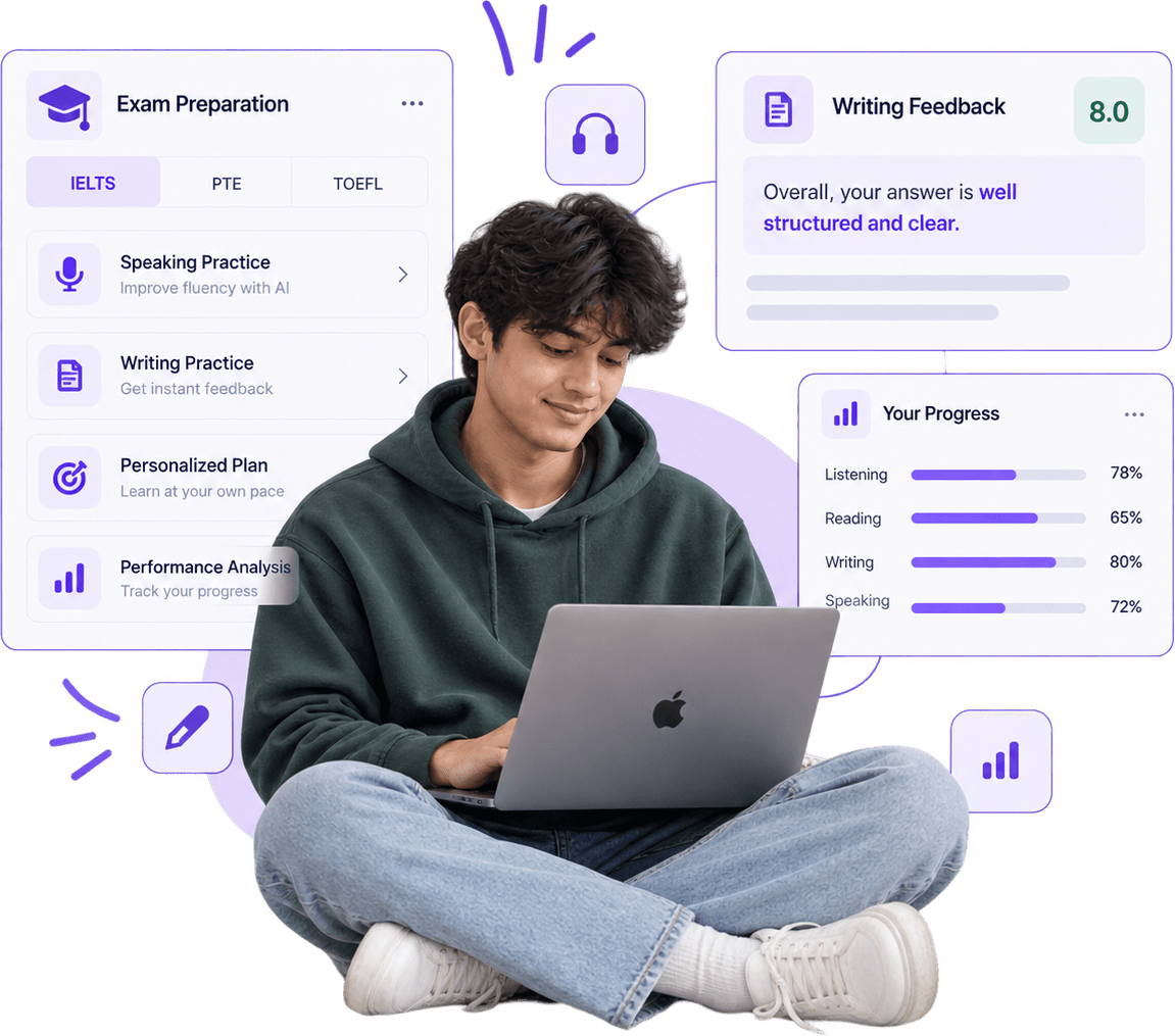 Student practicing IELTS, PTE and TOEFL exam preparation with AI feedback