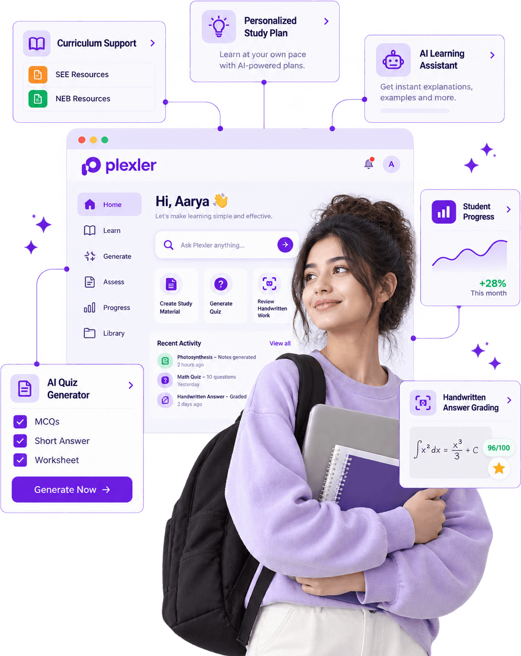 Plexler dashboard showing curriculum support and study plans