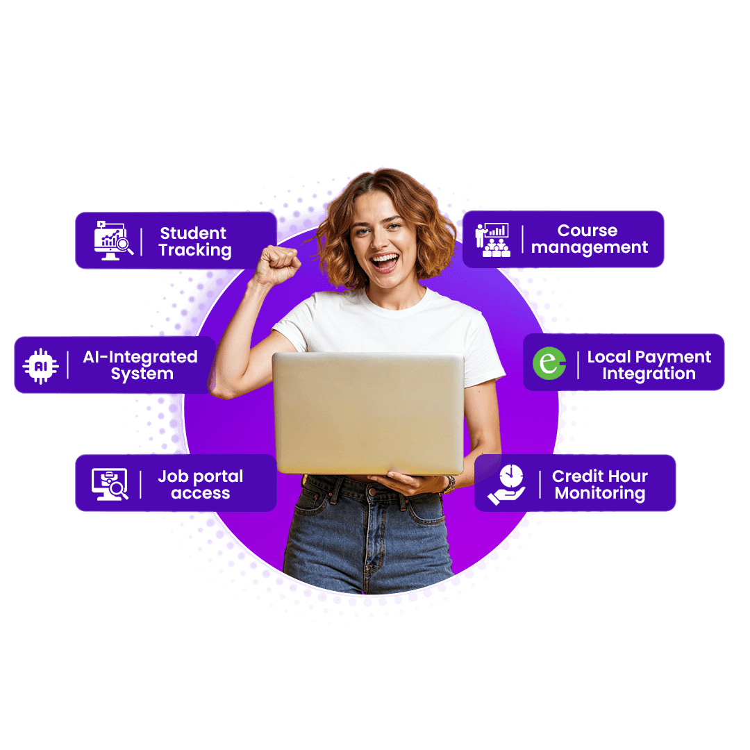 A happy learner holding a laptop, showcasing the features of a Learning Management System for colleges in Nepal.