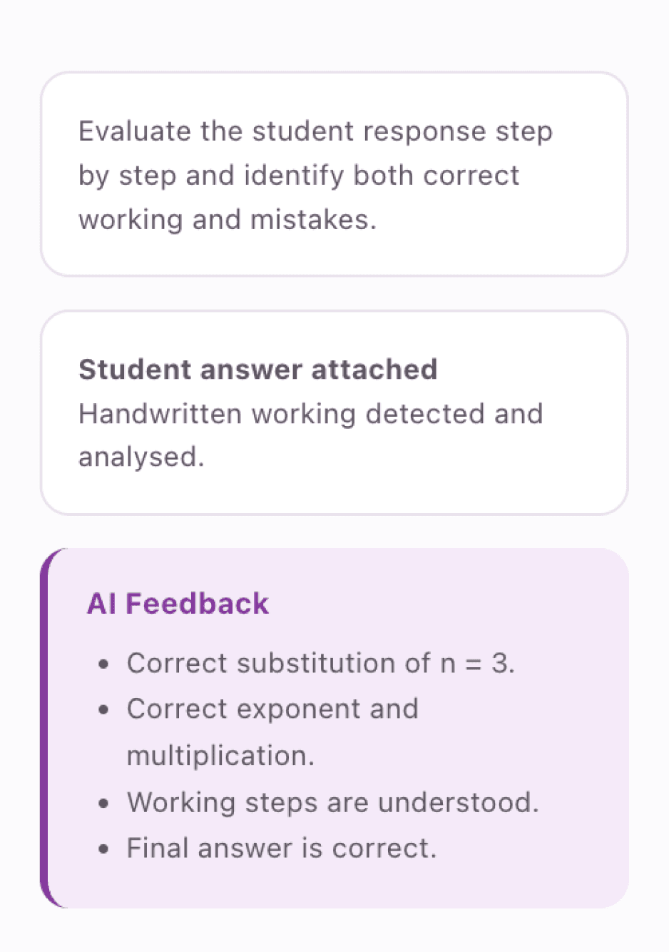 AI evaluation panel with structured feedback on the handwritten answer
