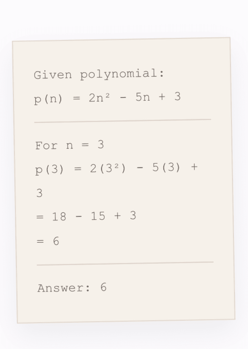 Photo of a student's handwritten polynomial working